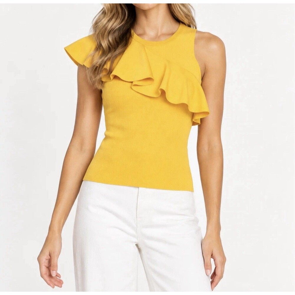 A.L.C. Malia Yellow Ribbed Knit Diagonal Ruffle Sleeveless Top Blouse XS